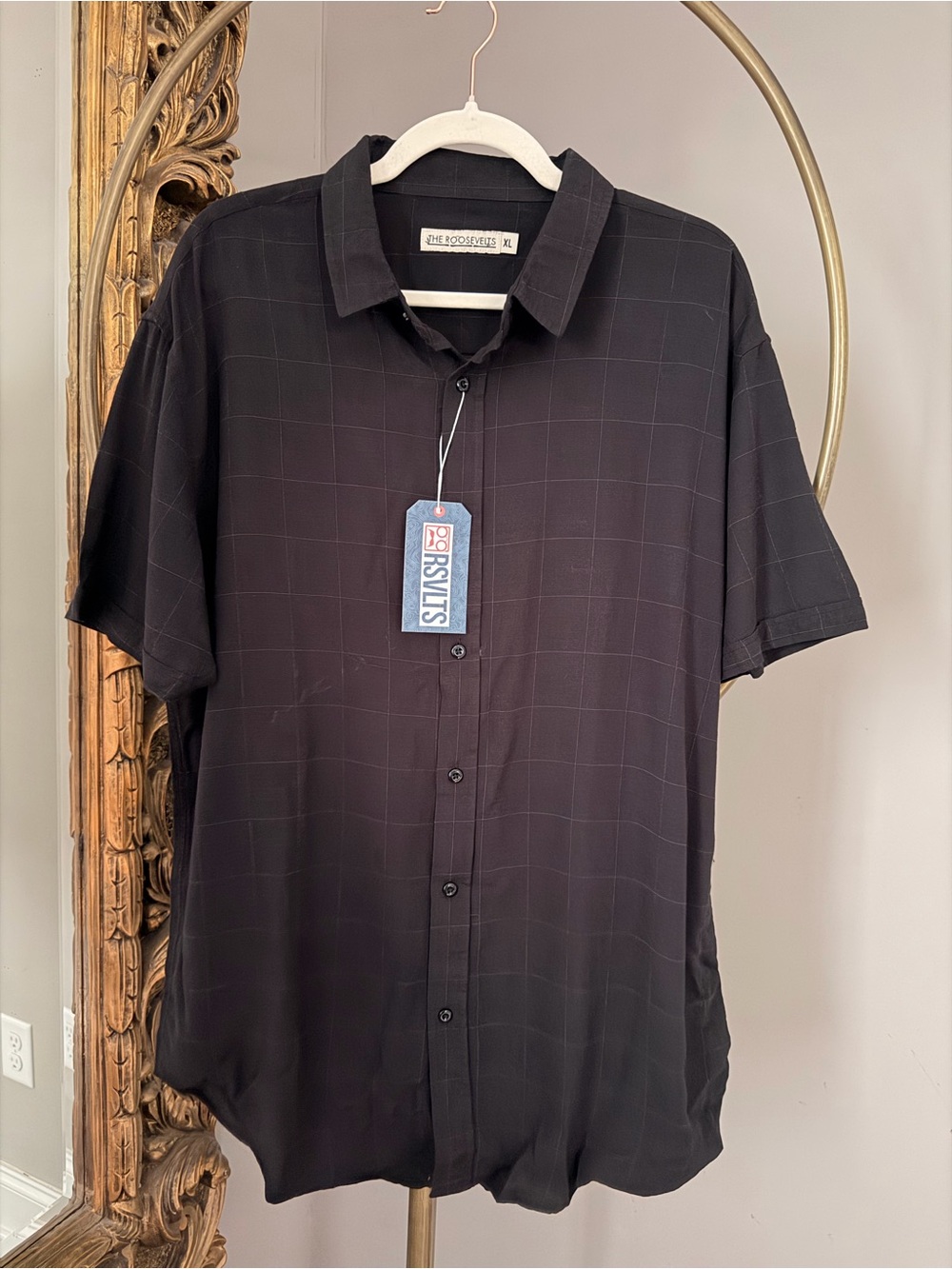 NWT RSVLTS Black Short-Sleeve Windowpane Button-Up Shirt